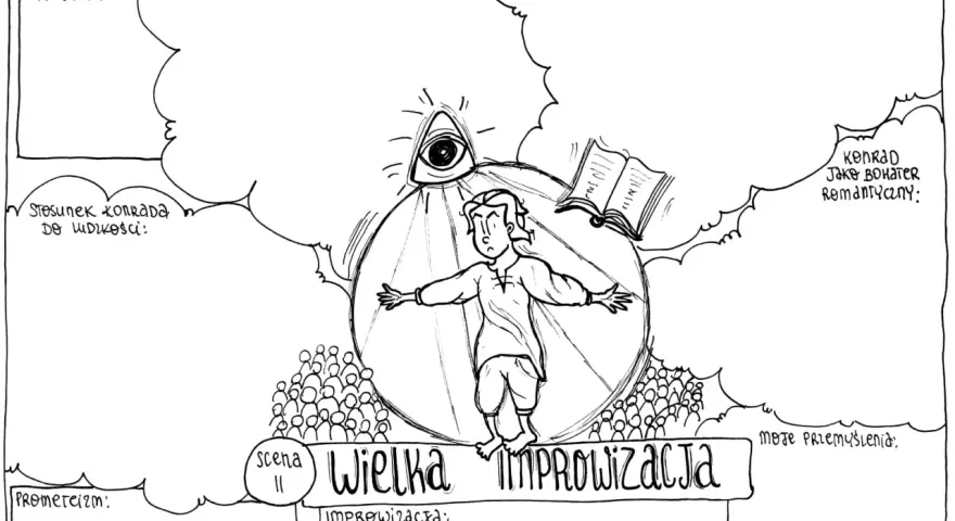 Konrad w centrum, otoczony symbolami (oko opatrzności, księga), tłumem i chmurami myśli. To obraz co to indywidualizm w "Wielkiej Improwizacji".