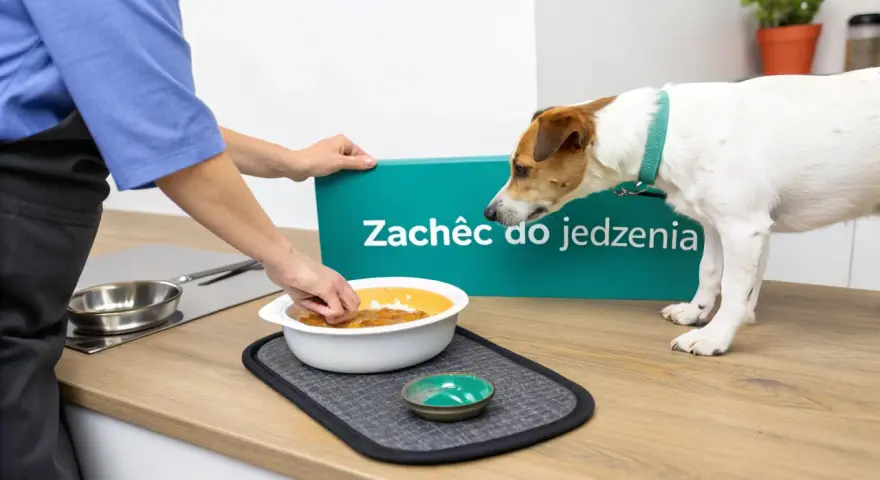 Piesek czeka na jedzenie, a na zielonym znaku widnieje napis "Zachęć do jedzenia".