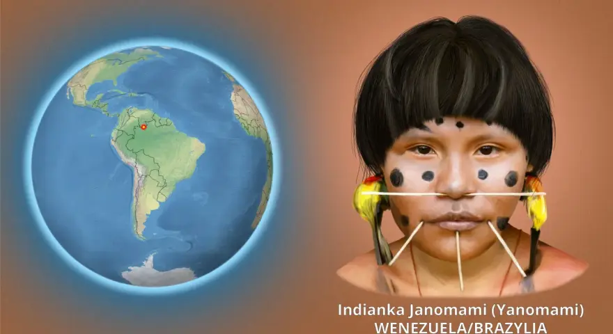Indianie Ameryki Południowej: twarz Indianki Janomami z Wenezueli/Brazylii, ozdobiona malowidłami i patyczkami, obok globus z zaznaczonym regionem.