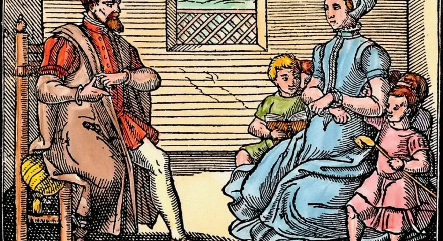 Rodzina w strojach z epoki, przykład życia zgodnego z zasadami purytanizmu. Ojciec siedzi, matka z dziećmi czyta.