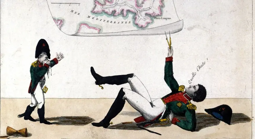 Napoleon na Elbie, upadając, trzyma cyrkiel. Obok niego mniejsza postać w mundurze.