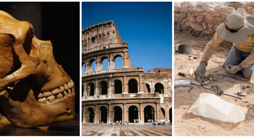 Czaszka hominida, Koloseum i archeolog przy pracy – przykłady najważniejszych odkryć archeologicznych na świecie.
