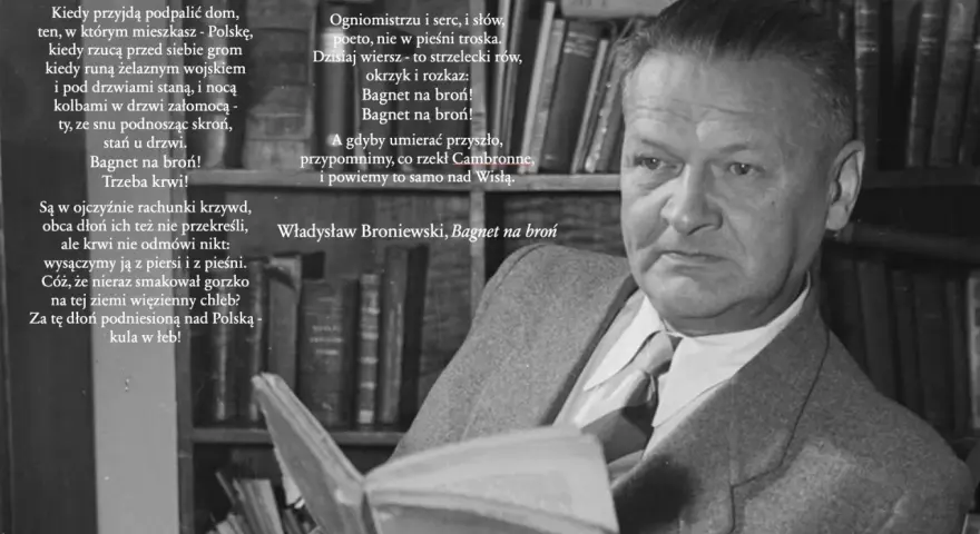 Portret Władysława Broniewskiego, poety, z fragmentami jego wiersza "Bagnet na broń".