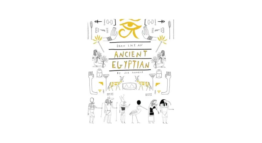 Rysunek przedstawia okładkę książki "Draw Like an Ancient Egyptian". Widać tu stylizowane postacie, zwierzęta i symbole, jak oko Horusa. Nie ma tu mumii, ale rysunek nawiązuje do starożytnego Egiptu.