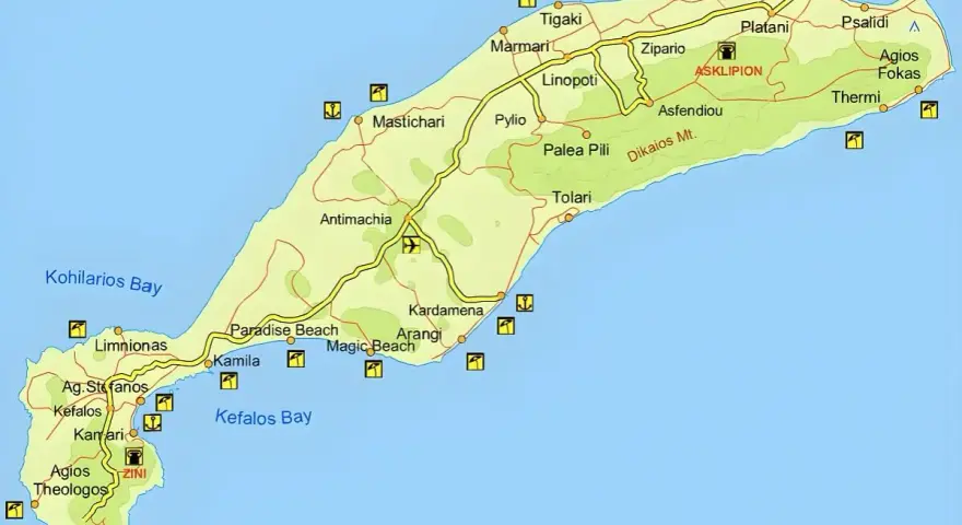 Mapa wyspy Kos z zaznaczonymi miejscowościami, plażami i zabytkami.