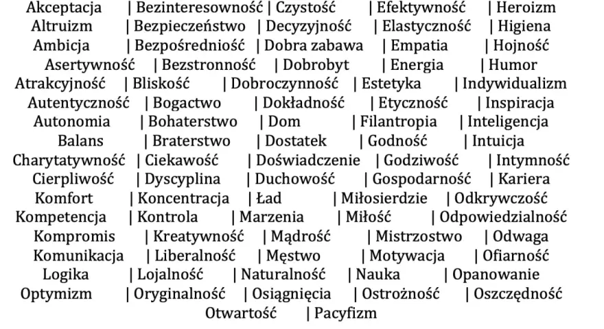 Lista wartości: akceptacja, altruizm, ambicja, asertywność, atrakcyjność, autentyczność, autonomia, balans, charytatywność, cierpliwość, komfort, kompetencja, kompromis, komunikacja, logika, optymizm, bezinteresowność, bezpieczeństwo, bezpośredniość, b...