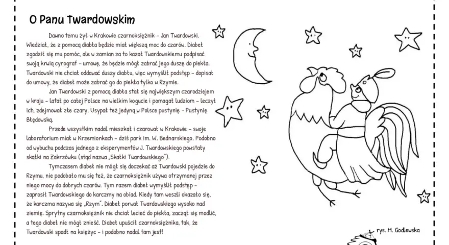 Krakowska legenda o Panu Twardowskim, czarnoksiężniku, który zawarł pakt z diabłem. Ilustracja przedstawia koguta i księżyc.