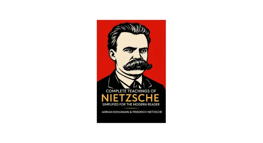 Okładka książki z portretem Nietzschego. "Complete Teachings of Nietzsche Simplified for the Modern Reader" - Nietzsche filozofia w skrócie.