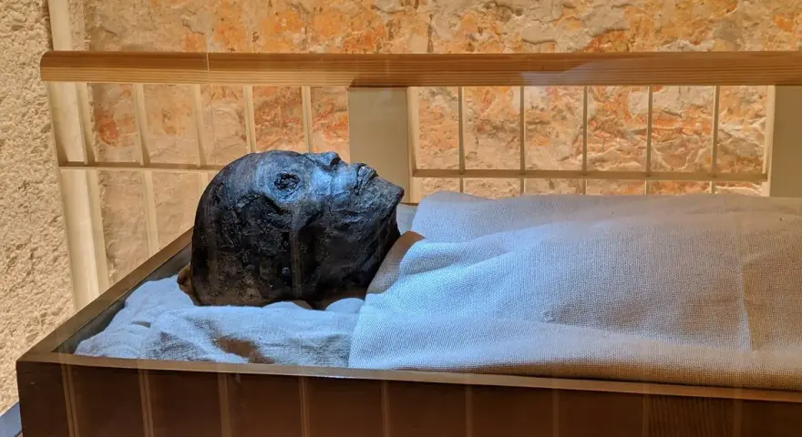 Mumia Tutanchamona spoczywa w szklanej gablocie, owinięta w płótno.