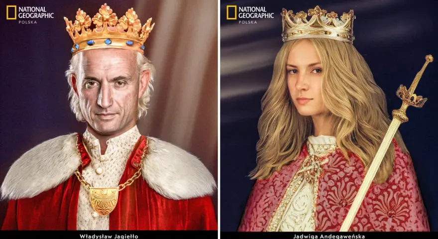 Anna Jagiellonka uroda. Królowa Jadwiga Andegaweńska z mieczem i Władysław Jagiełło w koronach.