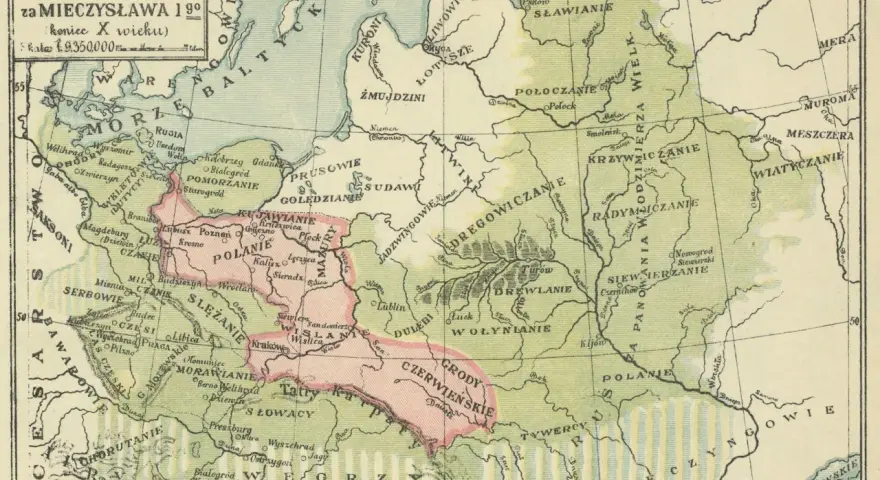 Mapa z X wieku, ukazująca państwo polskie za panowania Mieszka I. W którym wieku powstało państwo polskie? Na mapie widoczne są plemiona słowiańskie.
