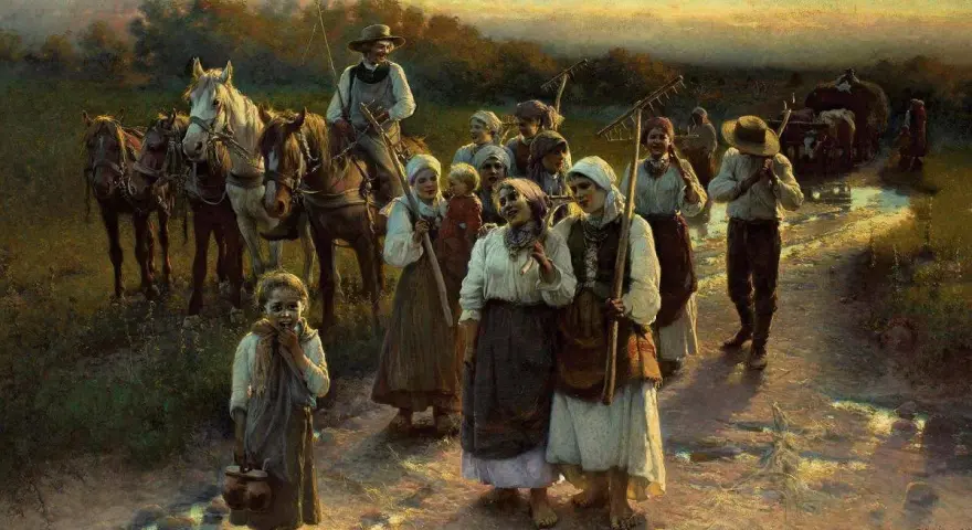 Grupa chłopów pańszczyźnianych wraca z pola. Widać konie, wozy i narzędzia rolnicze.