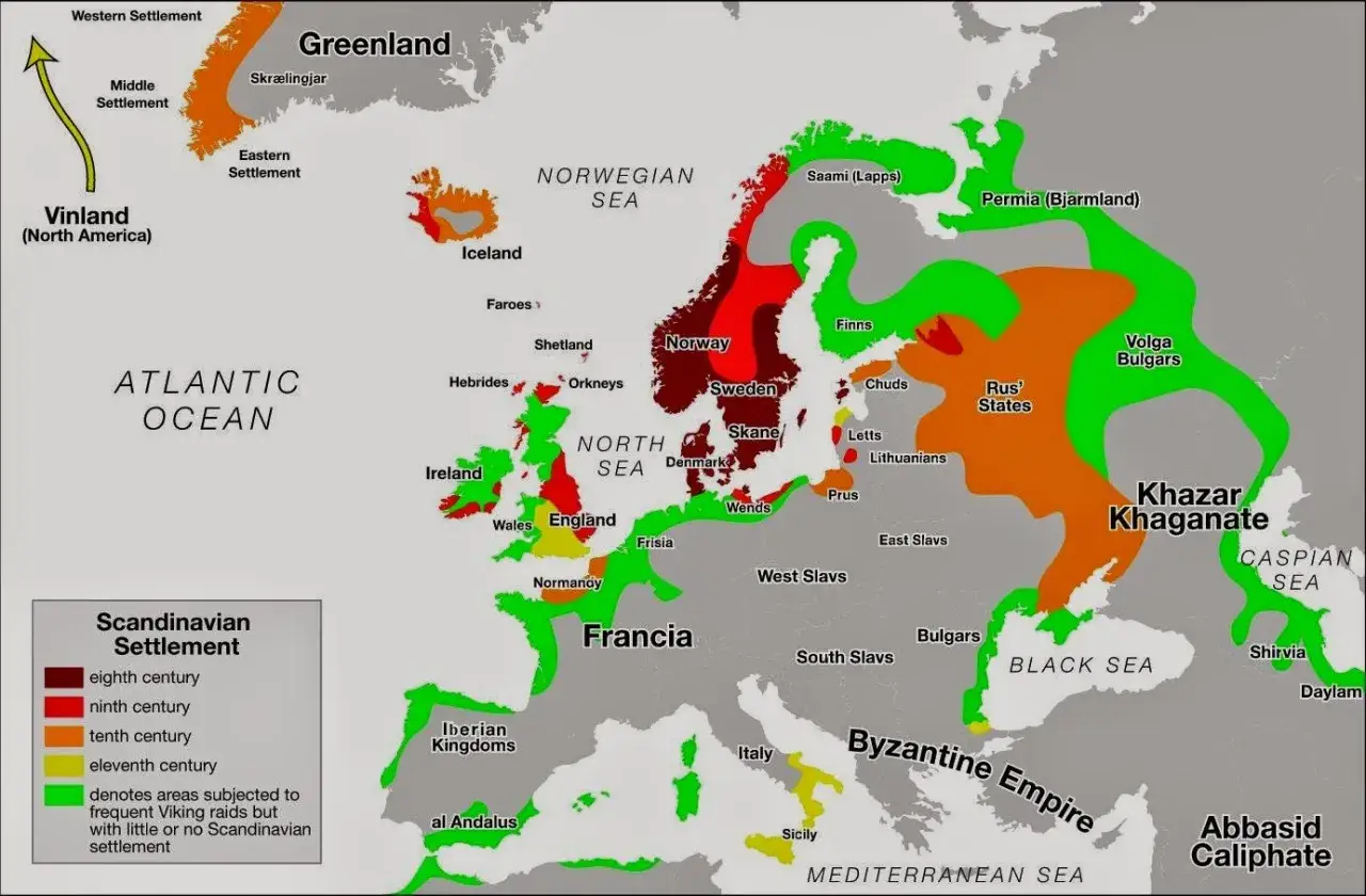 Mapa pokazuje osadnictwo wiking&oacute;w w Anglii i innych częściach Europy od VIII do XI wieku.