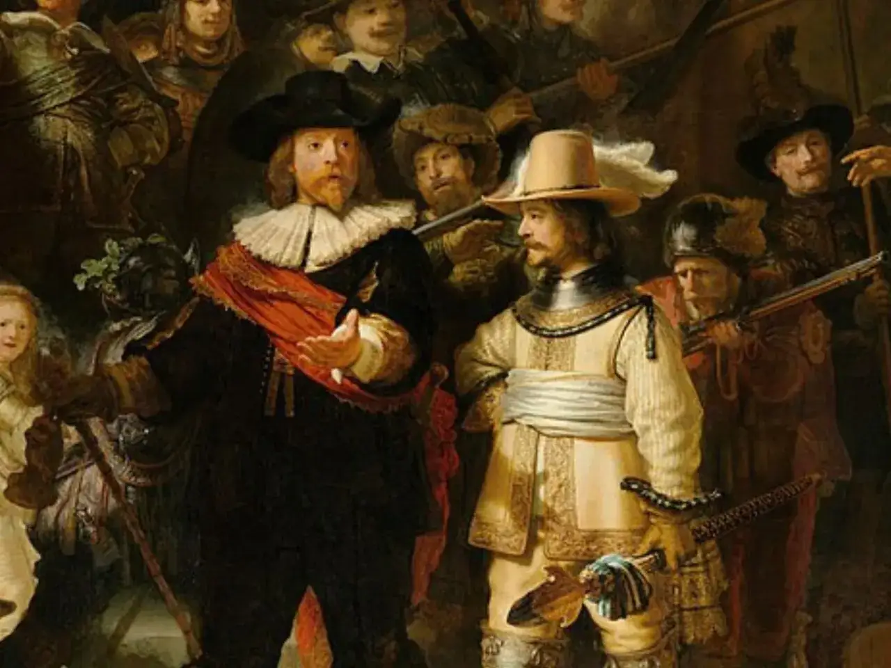 Nocne życie Amsterdamu ożywa na tym nocnym obrazie Rembrandta. Dw&oacute;ch mężczyzn w strojach z epoki, otoczonych przez innych, przygotowuje się do wyjścia.