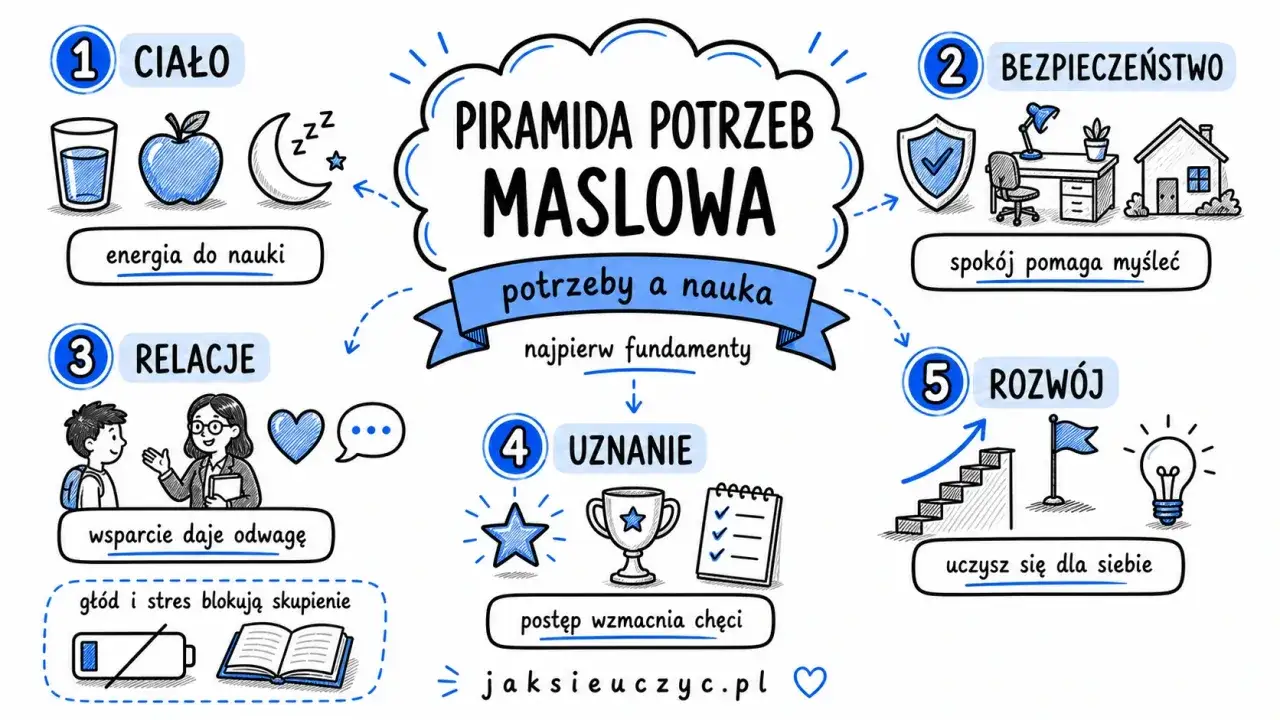 Piramida potrzeb Maslowa: Ciało, bezpieczeństwo, relacje, uznanie i rozw&oacute;j to fundamenty nauki. Zaspokojenie tych wartości daje energię i spok&oacute;j.