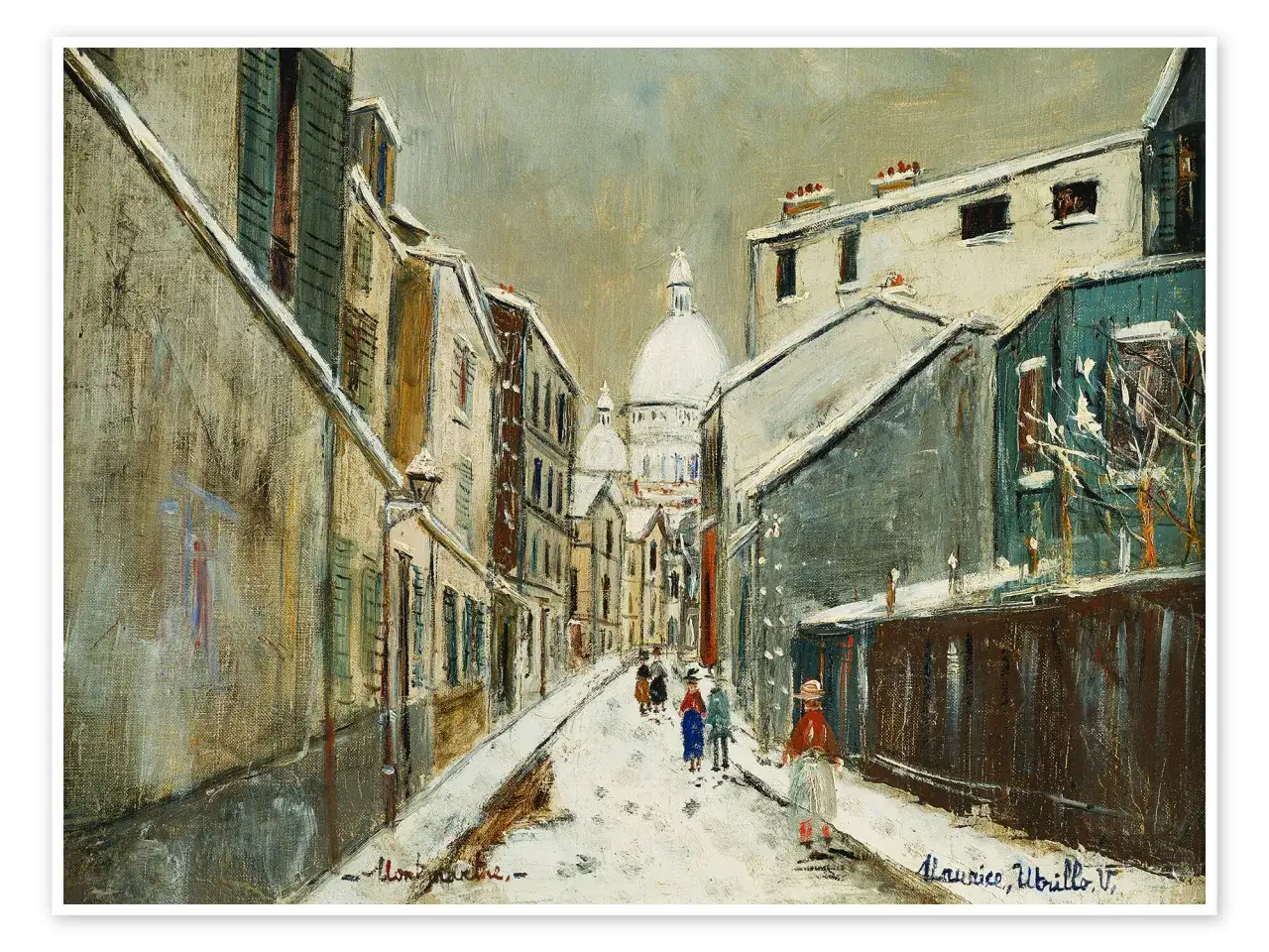 Zimowa ulica Montmartre, namalowana przez Maurice'a Utrillo. Śnieg pokrywa dachy i chodniki, a w oddali widać kopuły Sacr&eacute;-C&oelig;ur.