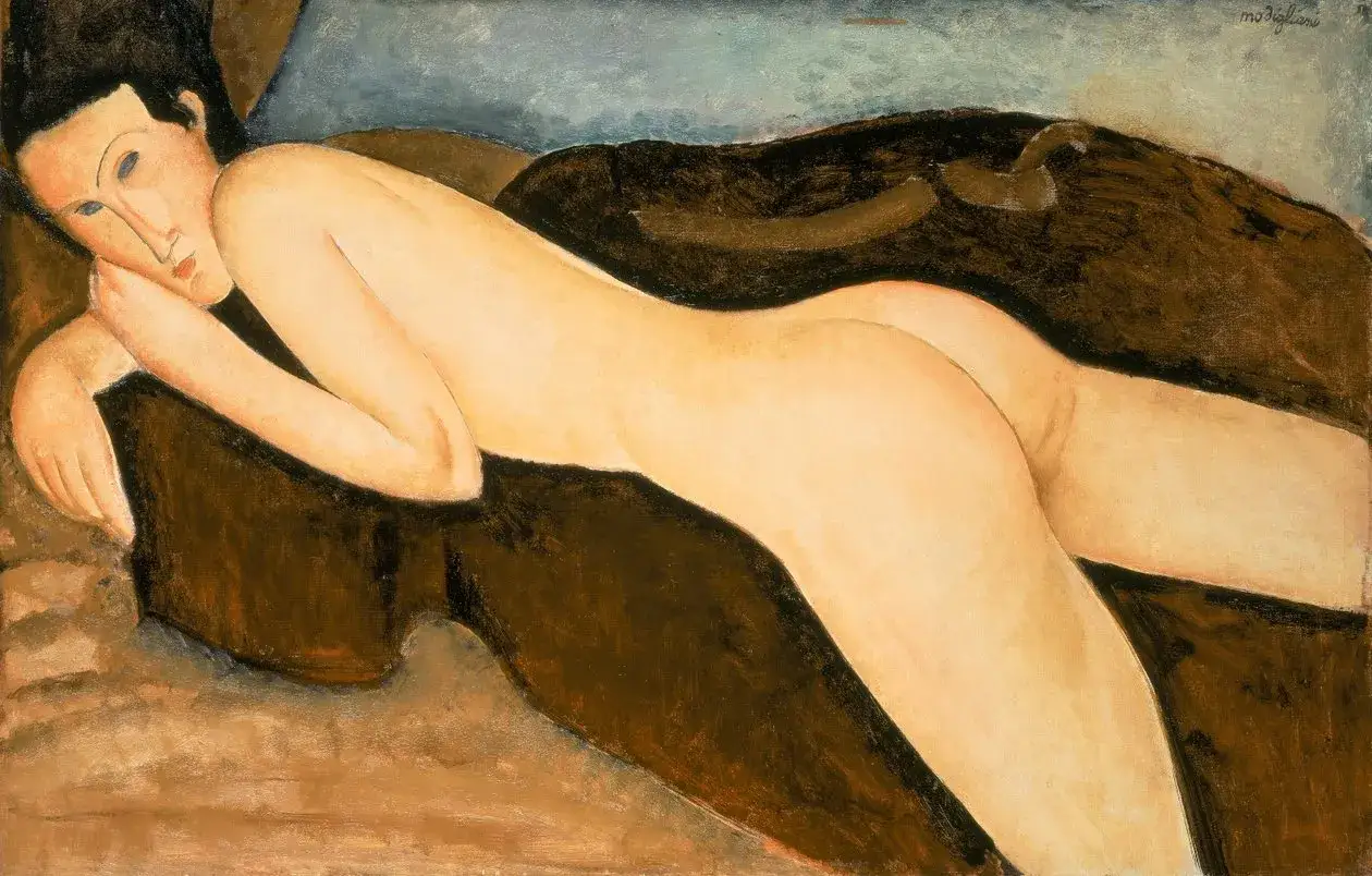 Akt leżącej kobiety, charakterystyczny dla modigliani obrazy. Delikatne linie, stonowana kolorystyka.