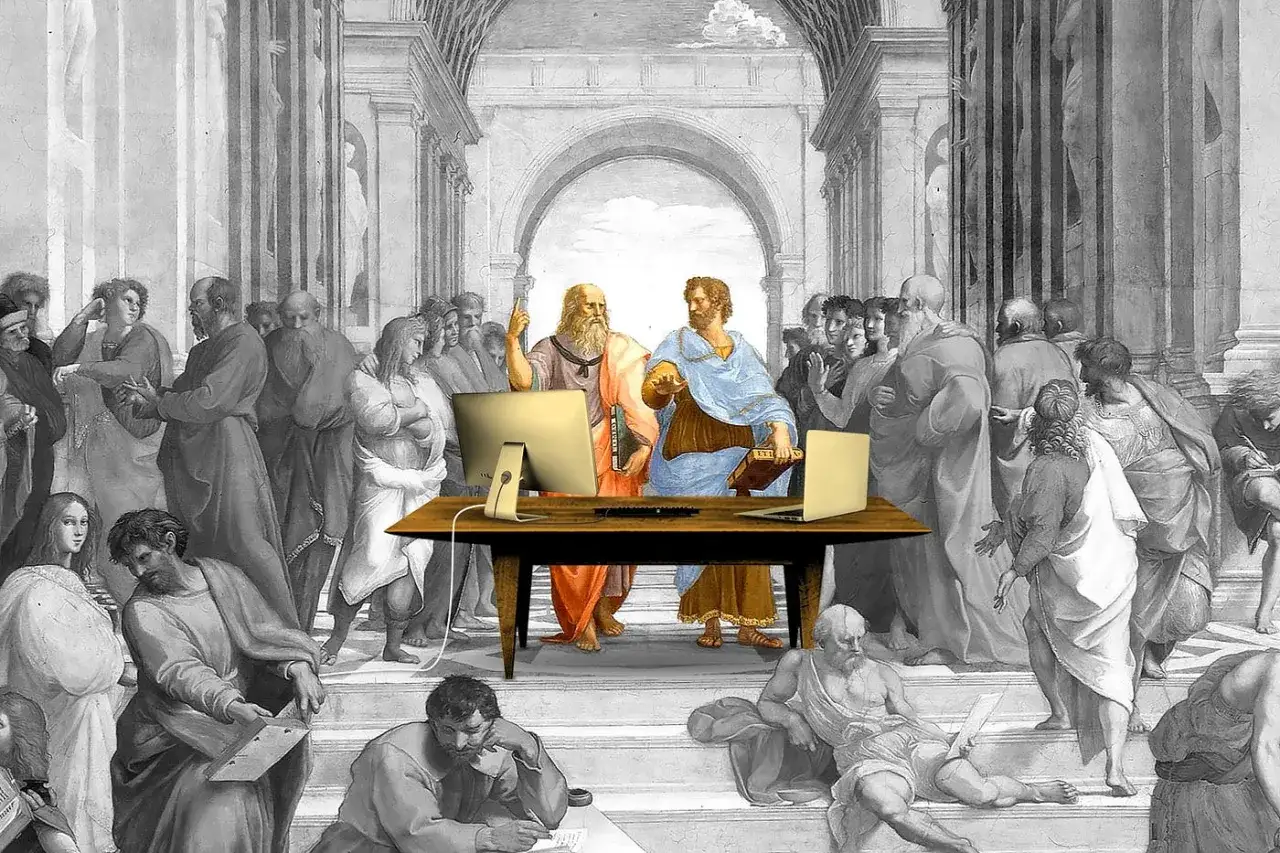 Arystoteles i Platon przy biurku z komputerami, jakby omawiali zasady retoryki.