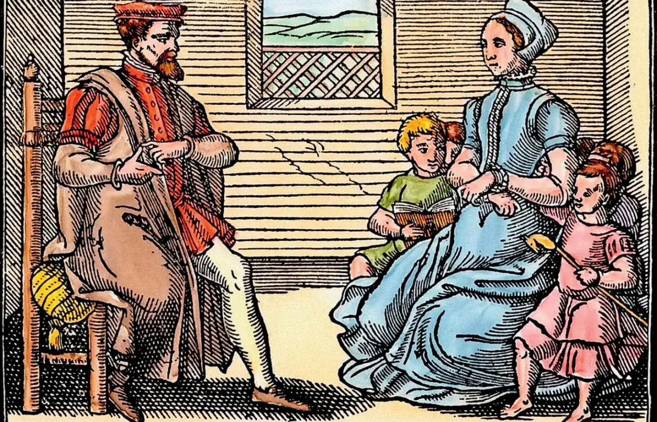Rodzina w strojach z epoki, przykład życia zgodnego z zasadami purytanizmu. Ojciec siedzi, matka z dziećmi czyta.