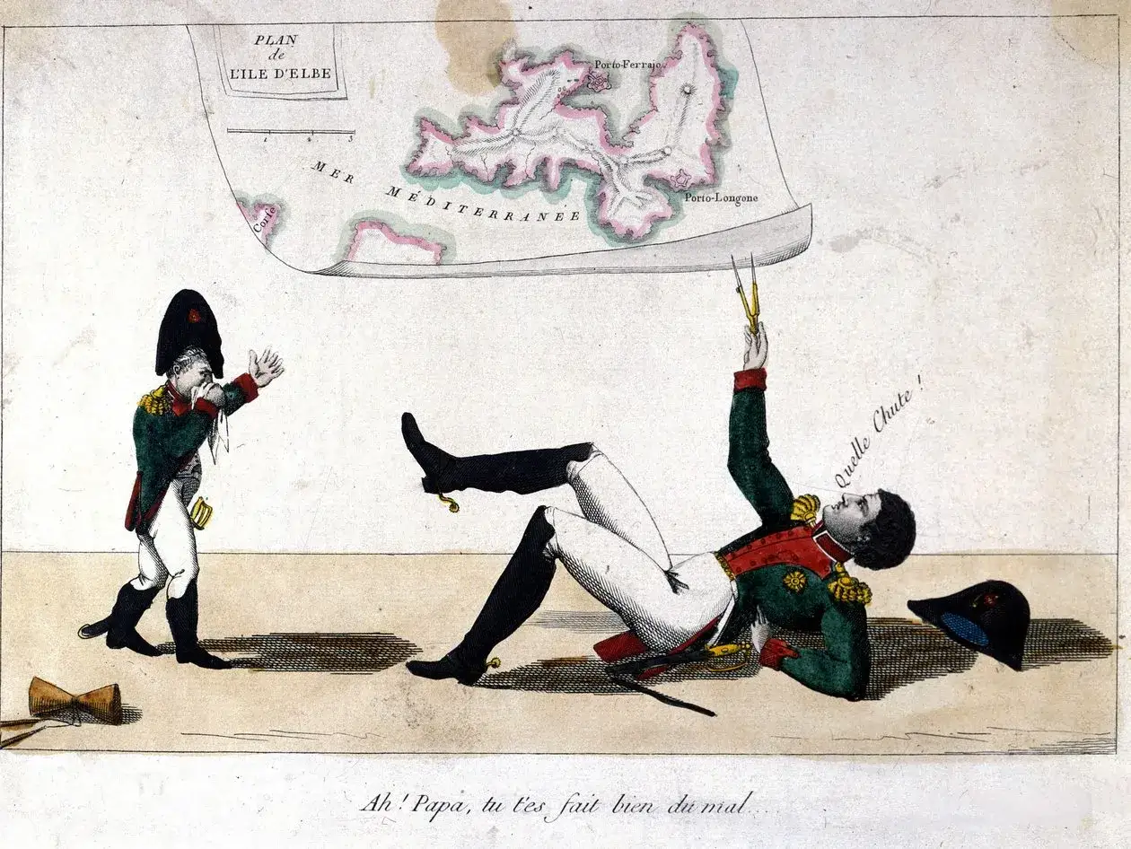Napoleon na Elbie, upadając, trzyma cyrkiel nad mapą wyspy. Obok niego stoi mniejsza postać Napoleona, kt&oacute;ra płacze.