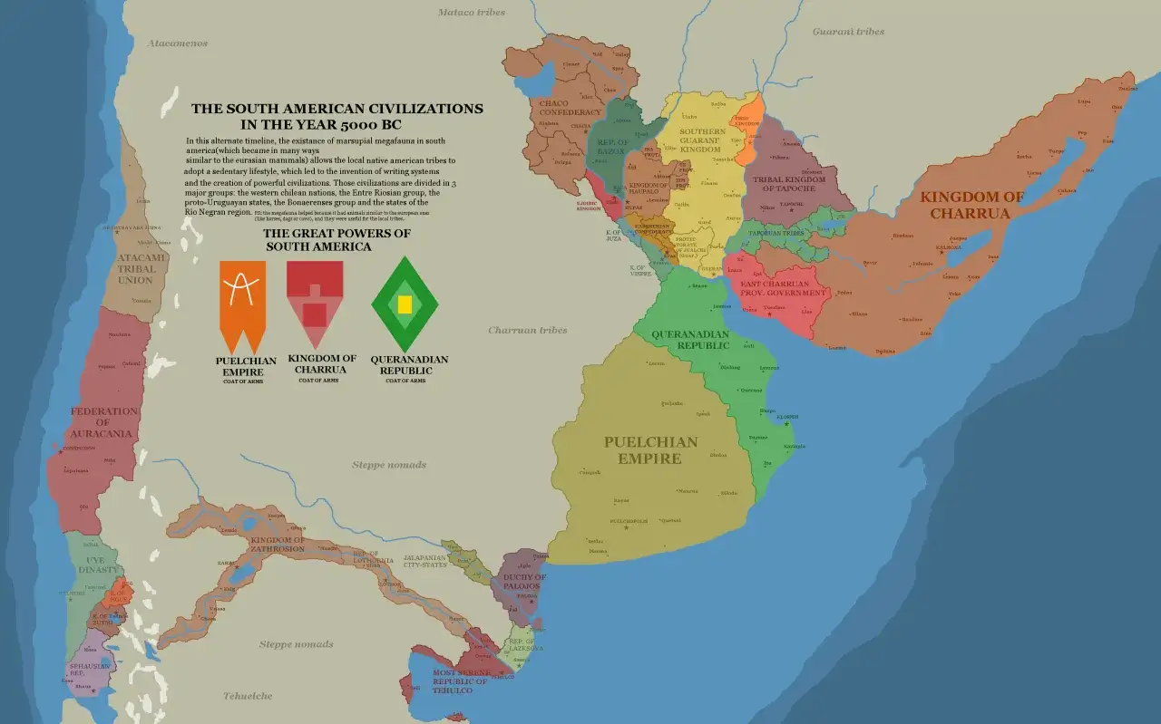 Mapa alternatywnej historii Ameryki Południowej w 5000 r. p.n.e. pokazuje potężne cywilizacje, takie jak Puelchiański Imperium, Kr&oacute;lestwo Charrua i Queranadyjska Republika, zamieszkane przez ludy indiańskie.