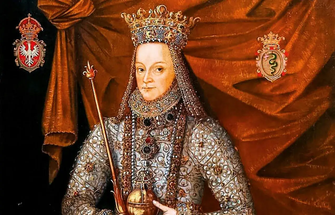 Anna Jagiellonka uroda. Kr&oacute;lowa w bogatym stroju, z koroną i berłem, otoczona symbolami władzy.