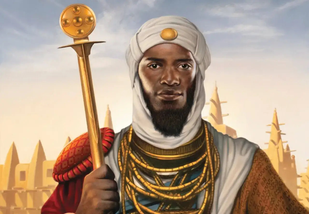 Mansa Musa, władca Mali, z berłem i złotymi ozdobami, symbol jego ogromnego majątku.