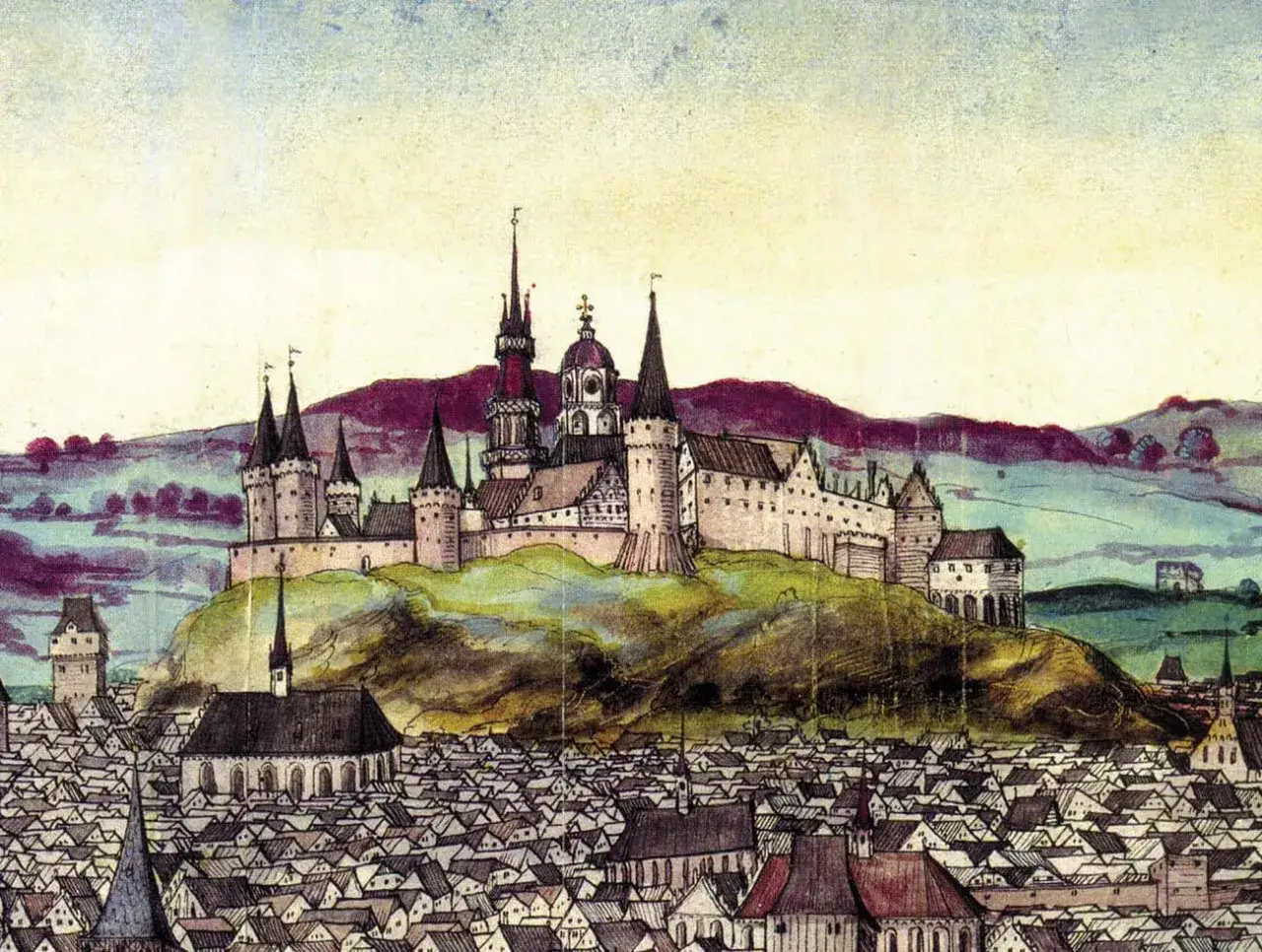 Wawel w średniowieczu, potężny zamek na wzg&oacute;rzu g&oacute;ruje nad miastem z licznymi wieżami i dachami.