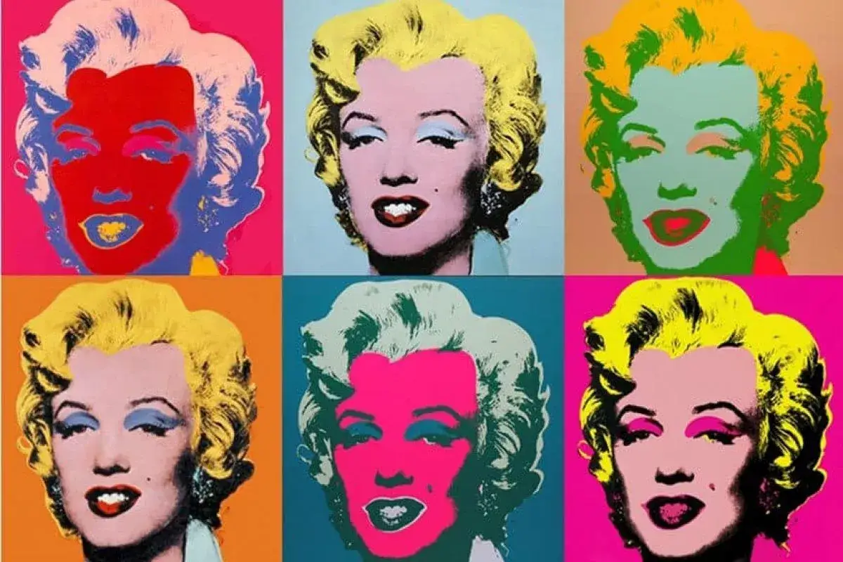Sześć kolorowych portret&oacute;w Marilyn Monroe, ikoniczne dzieło sztuki przykłady.