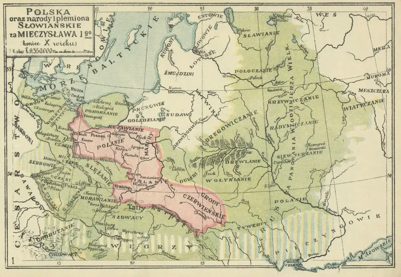 Mapa z X wieku, ukazująca państwo polskie za Mieszka I. W kt&oacute;rym wieku powstało państwo polskie? Właśnie wtedy!