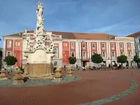 Kolumna Trójcy Świętej i zabytkowe budynki w Timișoara, tworzące urokliwe **Timișoara atrakcje**.