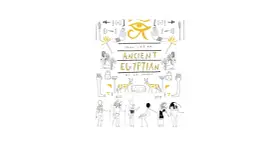 Rysunek przedstawia okładkę książki "Draw Like an Ancient Egyptian". Widać tu stylizowane postacie, zwierzęta i symbole, jak oko Horusa. Nie ma tu mumii, ale rysunek nawiązuje do starożytnego Egiptu.