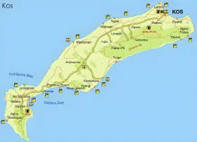Mapa wyspy Kos z zaznaczonymi miejscowościami, plażami i zabytkami.