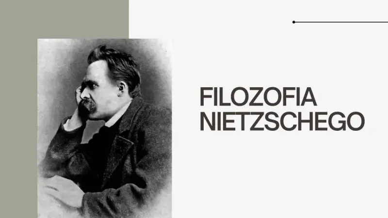 Portret Fryderyka Nietzschego, zamyślonego, z dłonią przy policzku. Obok napis "FILOZOFIA NIETZSCHEGO", wprowadzający w jego założenia.