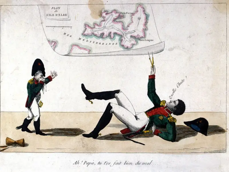 Napoleon na Elbie, upadając, trzyma cyrkiel. Obok niego mniejsza postać w mundurze.