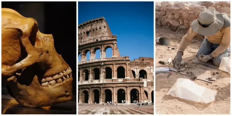 Czaszka hominida, Koloseum i archeolog przy pracy – przykłady najważniejszych odkryć archeologicznych na świecie.