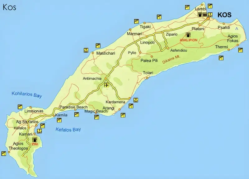 Mapa wyspy Kos z zaznaczonymi miejscowościami, plażami i zabytkami.